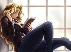 1girl black_sweater blonde_hair blue_pants book breasts chin_piercing commission cosplay denim face_piercing fate/grand_order fate_(series) green_eyes green_nails highres jeans labret_piercing large_breasts long_hair long_sleeves medusa_(fate) medusa_(rider)_(fate) medusa_(rider)_(fate)_(cosplay) nail_polish pants piercing quetzalcoatl_(fate) solo sweater zantyarz