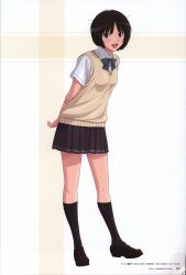 1girl :d absurdres amagami arms_behind_back artbook artist_name black_shoes black_skirt black_socks blush bob_cut bow bowtie breasts brown_background brown_eyes brown_hair brown_sweater_vest collared_shirt copyright_name dress_shirt from_side full_body grey_bow grey_bowtie hand_on_own_arm highres inomata_masami kibito_high_school_uniform kneehighs leaning_forward loafers looking_at_viewer loose_hair_strand messy_hair non-web_source official_art open_mouth page_number pleated_skirt promotional_art scan scan_artifacts school_uniform screentones shirt shoes short_hair skirt small_breasts smile socks solo standing summer_uniform sweater_vest tachibana_miya teeth translated upper_teeth_only white_background white_shirt