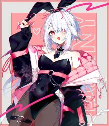 1girl animal_ears au_ra bare_shoulders black_leotard breasts cleavage covered_navel detached_collar dragon_girl dragon_horns dragon_tail fake_animal_ears final_fantasy final_fantasy_xiv heart heart_o-ring highres horns jacket jacket_partially_removed leotard looking_at_viewer motsuni_(lxxe1120) necktie o-ring o-ring_thigh_strap open_clothes open_jacket pantyhose playboy_bunny rabbit_ears red_eyes scales solo strapless strapless_leotard tail thigh_strap warrior_of_light_(ff14) white_hair