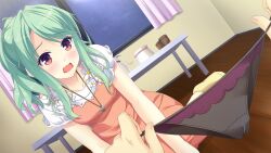 1boy 1girl arms_at_sides black_panties blush breasts collarbone cup curtains dress dutch_angle embarrassed flower game_cg green_hair highres holding holding_panties holding_underwear holding_unworn_clothes indoors jewelry kitaooji_karen long_hair looking_at_another making_lovers official_art open_mouth orange_dress orange_eyes panties parted_bangs pendant ponytail pov pov_hands sidelocks sitting small_breasts socks table takanashi_kazuma taniyama-san third-party_source underwear variant_set wavy_mouth window wooden_floor yellow_socks yokozuwari