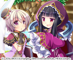 2girls black_gloves black_hair brown_hair capelet death_alma dress emil_chronicle_online frilled_capelet frilled_sleeves frills gloves hat hood logo lowres multiple_girls official_art open_mouth purple_dress purple_eyes red_eyes tougo