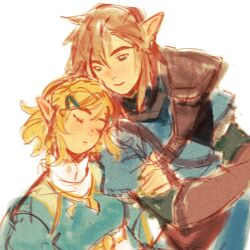 1boy 1girl armor blonde_hair blue_shirt breasts couple hair_between_eyes hair_ornament hairclip hetero highres holding_another&#039;s_arm light_smile link medium_breasts mmariesr nintendo parted_bangs pointy_ears princess_zelda shirt short_hair shoulder_armor sidelocks sketch sleeping the_legend_of_zelda the_legend_of_zelda:_breath_of_the_wild upper_body white_background