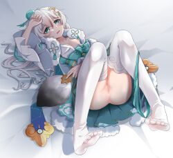 1girl aqua_eyes aqua_panties aqua_skirt ass bed breasts chinese_clothes feet full_body hand_fan holding holding_fan honkai_(series) honkai_impact_3rd nipples no_shoes one_breast_out open_mouth panties panties_around_leg pussy shoes skirt small_breasts soles solo theresa_apocalypse thighhighs toes underwear white_hair white_thighhighs xiaosa123 zhuge_kongming_(honkai_impact)