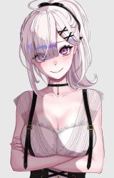 1girl ahoge arms_under_breasts asymmetrical_bangs black_choker black_corset blush breasts choker cleavage closed_mouth corset crossed_arms dress embroidery eyes_visible_through_hair hair_ornament hair_over_one_eye highres jewelry large_breasts long_hair looking_at_viewer mole mole_under_eye nijisanji pendant_choker see-through_clothes see-through_dress simple_background smile solo standing sukoya_kana sukoya_kana_(5th_costume) virtual_youtuber x x_hair_ornament xxmmxxyy