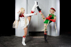Rule 34 | 2girls, askalplay, bare shoulders, blonde hair, boots, braid, cammy white, cammy white (cosplay), cosplay, crossover, emilie de rochefort, emilie de rochefort (cosplay), fingerless gloves, gloves, ivychann, kicking, leotard, long hair, long sleeves, multiple girls, panties, real life, skirt, sleeveless, spanish (nationality), street fighter, tekken, underwear