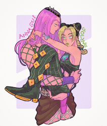 Rule 34 | 1boy, 1girl, bare shoulders, black boots, black hair, black pants, black tank top, blush, boots, braid, breasts, bun with braided base, character name, cone hair bun, couple, cowboy shot, crop top, double bun, fake horns, fishnet top, fishnets, green eyes, green hair, green lips, green nails, hair bun, hand on another&#039;s ass, hand on another&#039;s back, hand on another&#039;s neck, hat, hetero, highres, horned hat, horns, jojo no kimyou na bouken, kuujou jolyne, lifting person, lipstick, long hair, looking at another, makeup, midriff, multicolored hair, narciso anasui, pants, pink hair, pink lips, pink nails, spider web print, stone ocean, studded hat, t 0nd, tank top, two-tone hair