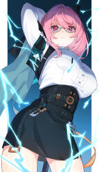 Rule 34 | 1girl, absurdres, black skirt, breasts, chawarabi, closed mouth, cowboy shot, dress shirt, electricity, frown, glasses, hair between eyes, high-waist skirt, highres, large breasts, lightning, long hair, looking at viewer, pencil skirt, pink eyes, pink hair, serious, shirt, sidelocks, skirt, solo, standing, tsukishiro yanagi, white shirt, zenless zone zero
