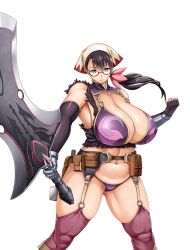Rule 34 | 1girl, aqua eyes, armor, bare shoulders, bikini, bikini armor, black gloves, black hair, breasts, cattleya (queen&#039;s blade), cleavage, elbow gloves, garter straps, glasses, gloves, headscarf, holding, holding weapon, huge breasts, looking at viewer, navel, official art, purple bikini, queen&#039;s blade, queen&#039;s blade limit break, revealing clothes, semi-rimless eyewear, simple background, solo, standing, stomach, swimsuit, tachi-e, thighhighs, thighs, thong, transparent background, weapon