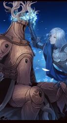 Rule 34 | 1girl, armor, armored gloves, black border, blue background, blue cape, blue eyes, blurry, blurry background, border, breastplate, cape, character request, closed mouth, commentary, commission, crucible knight, elden ring, elden ring: shadow of the erdtree, english commentary, feet out of frame, flower, flower on head, full armor, highres, light particles, looking at another, rellana twin moon knight, shoulder armor, sitting, smile, tworain w, upper body, white hair