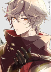 Rule 34 | 1boy, absurdres, adjusting clothes, ahoge, bag, black gloves, brown hair, brown jacket, colored eyelashes, commentary request, expressionless, gloves, granblue fantasy, grey background, hair between eyes, high collar, highres, jacket, kana (251373), light frown, looking at viewer, male focus, messy hair, red eyes, sandalphon (granblue fantasy), sandalphon (valentine) (granblue fantasy), short hair, shoulder bag, solo, upper body