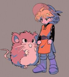 1girl ahoge belt black_shirt blonde_hair boots bright_pupils brown_eyes brown_headwear commentary_request game_freak gen_1_pokemon grey_background hat highres long_sleeves nintendo ok_ko19 orange_tunic pants parted_lips pokemon pokemon_(creature) pokemon_adventures purple_footwear raticate shirt short_hair simple_background standing tunic white_pupils yellow_(pokemon)