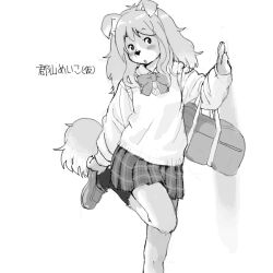 1girl adjusting_clothes adjusting_shoe claws collared_shirt dog_girl elbow_carry folded_ear foot_out_of_frame furry furry_female greyscale hand_on_wall kikurage_(crayon_arts) kneehighs loafers long_hair looking_at_viewer monochrome original plaid_clothes plaid_skirt pleated_skirt school_uniform shirt shoes simple_background skirt socks solo standing standing_on_one_leg sweater sweater_vest tail translation_request white_background