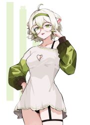 ahoge animal_ears bare_shoulders black_bra black_panties bob_cut bra bra_strap breasts cleavage cleavage_cutout clothing_cutout ferret ferret_ears ferret_girl glasses gradient_hair green_eyes green_hair green_nails green_sweater hair_between_eyes hairband hand_on_own_hip highres indie_virtual_youtuber laimu_(vtuber) laimu_(vtuber)_(cozy) medium_breasts multicolored_hair multicolored_sweater no_pants panties pink_nails puffy_sleeves round_eyewear short_hair simple_background skindentation sweater thigh_strap thighs tongue tongue_out ttsyrene two-tone_hair underwear vinesauce virtual_youtuber white_hair white_sweater