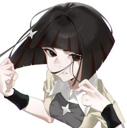 Rule 34 | 1girl, :d, adjusting collar, arril100, black hair, blunt bangs, blunt ends, bob cut, breasts, brown eyes, brown hair, brown shirt, brown streaks, clenched hand, close-up, collared shirt, commentary, cropped torso, eyelashes, floating hair, grey shirt, hair ornament, hairclip, highres, inverted bob, kagenui yozuru, looking at viewer, looking up, loose hair strand, messy hair, monogatari (series), multicolored hair, open mouth, parted lips, shirt, simple background, small breasts, smile, solo, streaked hair, two-tone hair, white background, white shirt, wristband