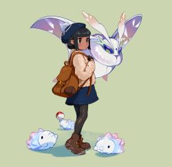 1girl alternate_costume alternate_hair_color backpack bag black_gloves black_hair black_pantyhose blue_headwear boots brown_bag brown_footwear commentary_request evolutionary_line frosmoth full_body gen_8_pokemon gloria_(pokemon) gloves green_background hat highres long_sleeves nintendo pantyhose poke_ball poke_ball_(basic) pokemon pokemon_(creature) pokemon_swsh short_hair snom standing tam_o&#039;_shanter zambiie