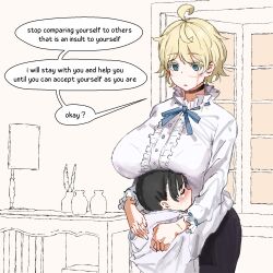 2girls aiu404l black_hair blonde_hair blue_eyes breasts buttons choker closed_eyes dot_nose english_text highres hug huge_breasts indoors long_sleeves looking_down medium_hair multiple_girls original scar scar_on_face size_difference speech_bubble upper_body window