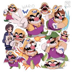 Rule 34 | 1boy, 1girl, adeleine, bat wario, bendedede, beret, black hair, brown hair, burning, cleft chin, dragon wario (wario land), facial hair, fire, flaming wario, flat wario, gloves, green shoes, grin, hat, highres, kirby (series), multiple views, mustache, nintendo, open mouth, overalls, pointy ears, purple overalls, shirt, shoes, smile, tiny wario, vampire, wario, wario land, wario land: super mario land 3, wario land 4, white gloves, yellow hat, yellow shirt