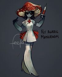 1girl boots character_name colored_skin dress english_text feefal full_body gradient_skin highres holding holding_syringe medium_hair monster_girl mushroom mushroom_girl mushroom_hat nurse original personification signature simple_background smile solo syringe thigh_boots