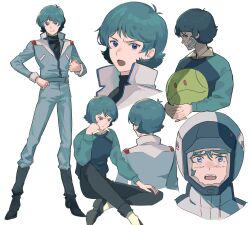 1boy aeug bandage_on_face bandages black_pants blue_eyes blue_hair blue_pants crying from_behind gundam haro highres jacket kamille_bidan kasumi_(skchkko) male_focus mecha_pilot_suit military_uniform multicolored_jacket multiple_views normal_suit_(gundam) pants solo sweater two-tone_jacket white_background zeta_gundam