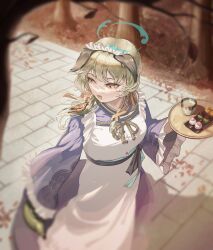 1girl absurdres animal_ears apron blue_archive blue_kimono blush chojja dog_ears dog_girl green_hair hair_between_eyes highres holding holding_tray japanese_clothes kimono long_hair looking_to_the_side maid maid_apron maid_headdress open_mouth sidelocks solo tray umika_(blue_archive) white_apron yellow_eyes