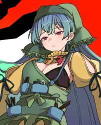 Rule 34 | 1girl, apron, arm cutout, black bra, blue hair, bra, breasts, cleavage, closed mouth, commentary request, green apron, green headscarf, haniyasushin keiki, headscarf, jewelry, long hair, looking at viewer, magatama, magatama necklace, mesuosushi, necklace, red eyes, single strap, solo, tools, touhou, underwear, very long hair, wood carving tool, yellow sleeves