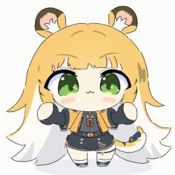 1girl animal_ear_fluff animal_ears animated animated_gif blonde_hair chibi chibi_only colored_inner_hair commentary_request gloves green_eyes jacket ju_fufu long_hair looking_at_viewer multicolored_hair open_mouth shirt shorts simple_background smile solo tail tiger_ears tiger_girl tiger_tail umihio zenless_zone_zero