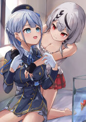 2girls absurdres amagai_ruka barefoot black_gloves black_hair blue_eyes blue_hair blue_jacket breasts camisole cleavage closed_mouth feet fingerless_gloves gloves grey_hair hair_ornament hairpin highres hololive hug hug_from_behind jacket large_breasts looking_at_another medium_hair multicolored_hair multiple_girls open_mouth red_eyes red_skirt sakahana sakamata_chloe sakamata_chloe_(1st_costume) shirt skirt streaked_hair virtual_youtuber voice_actor_connection weather_planet white_camisole white_gloves white_shirt x_hair_ornament