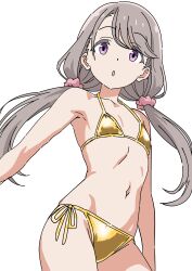 absurdres bikini flat_chest gold_bikini golden_week grey_hair hair_ornament hair_scrunchie highres mono_(afro) purple_eyes riokasen scrunchie shikishima_sakurako white_background