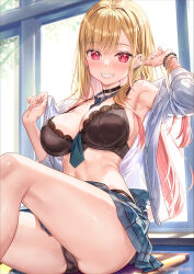 Rule 34 | 1girl, armpits, ass, bare shoulders, bead bracelet, beads, between breasts, black bra, black choker, black panties, blonde hair, blue necktie, blue skirt, bra, bracelet, breasts, choker, cleavage, commentary request, crotch seam, desk, dress shirt, ear piercing, fujima takuya, gradient hair, grin, hands up, indoors, jewelry, kitagawa marin, knee up, lace, lace-trimmed bra, lace trim, large breasts, long hair, long sleeves, looking at viewer, miniskirt, multicolored hair, navel, necktie, necktie between breasts, on desk, open clothes, open shirt, open skirt, panties, piercing, pink hair, plaid clothes, plaid skirt, red eyes, school uniform, shirt, sitting, skirt, smile, solo, sono bisque doll wa koi wo suru, stomach, strap gap, sweat, thighs, underwear, white shirt