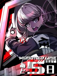 1girl armband black_background blonde_hair brown_eyes dark-skinned_female dark_skin female_focus hand_up japanese_text kawana_tsubasa last_defense_academy_school_uniform looking_at_viewer nota_sayaka open_mouth red_background simple_background solo solo_focus teeth the_hundred_line_-last_defense_academy- title tongue