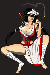Rule 34 | 1girl, absurdres, black hair, bleach, blue eyes, breasts, cleavage, collarbone, highres, large breasts, long hair, madcatstudios, shiba kuukaku, solo