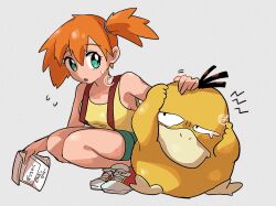 Rule 34 | 1girl, baachamu, bare arms, blush, breasts, denim, denim shorts, eyelashes, flying sweatdrops, gen 1 pokemon, green eyes, green shorts, gym leader, hair tie, highres, holding, legs, misty (pokemon), nintendo, open mouth, orange hair, pokemon, pokemon (anime), pokemon (classic anime), pokemon rgby, ponytail, psyduck, shirt, shoes, short hair, short shorts, shorts, side ponytail, sitting, sleeveless, sleeveless shirt, sneakers, solo, squatting, suspender shorts, suspenders, sweat, sweatdrop, tank top, thighs, yellow shirt, yellow tank top