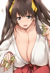 absurdres animal breasts brown_hair bug grasshopper grey_eyes hakama hakama_skirt highres hikari_(nige_jouzu_no_wakagimi) holding holding_animal huge_breasts insect japanese_clothes kimono miko nige_jouzu_no_wakagimi open_mouth red_hakama skirt tsukasawa_takamatsu twintails white_kimono
