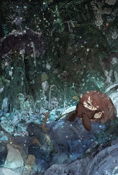 Rule 34 | 1girl, absurdres, animal, bag, blue boots, blue eyes, blue gloves, blue jacket, boots, breasts, brown hair, fantasy, forest, from side, gas mask, giant insect, gloves, hair between eyes, highres, hiranko, hood, hooded jacket, huge filesize, jacket, kaze no tani no nausicaa, light particles, long sleeves, lying, mask, medium breasts, nature, nausicaa, ohmu, on back, oversized animal, oversized insect, pants, plant, scenery, short hair, shoulder bag, solo, sword, thigh boots, thighhighs, torn clothes, torn pants, weapon