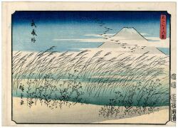 19th_century ando_hiroshige bird blue_sky cloud field fine_art_parody flock gradient_sky grass highres japan japanese_text leaf mount_fuji mountain nihonga no_humans original parody sky tall_grass thirty-six_views_of_mount_fuji_(hiroshige) traditional_media translation_request ukiyo-e volcano