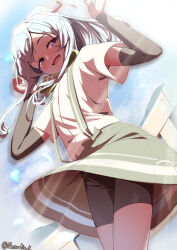 1girl arm_warmers arms_up ascot bike_shorts blue_eyes collared_shirt cowboy_shot dress_shirt highres kantai_collection metadio natsugumo_(kancolle) orange_ascot plaid_ascot plaid_clothes shirt short_hair shorts shorts_under_skirt skirt solo suspender_skirt suspenders white_hair white_shirt