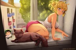 1boy 1girl absurdres animal ass backlighting black_cat blonde_hair blunt_bangs blush boku_no_hero_academia breasts cat character_doll commentary dashi_(dashiart) day double_bun hair_bun highres looking_at_viewer medium_breasts messy_hair midoriya_izuku mineta_minoru pink_shorts short_hair shorts solo_focus symbol-only_commentary tank_top thick_thighs thighs toga_himiko white_tank_top window windowsill yellow_eyes
