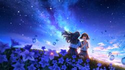 2girls absurdres blue_flower blurry blurry_foreground blush closed_eyes cloud commentary_request crying facing_away facing_viewer flower from_behind grass highres holding_hands interlocked_fingers long_hair medium_hair milky_way multiple_girls open_mouth original outdoors sailor_collar school_uniform seiza serafuku shirt short_sleeves shuu_illust sitting skirt sky smile star_(sky) starry_sky water_drop white_shirt