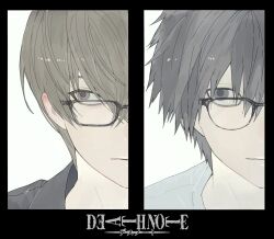 2boys bespectacled black-framed_eyewear black_hair black_shirt brown_hair closed_mouth copyright_name death_note eoseo88 glasses highres l_(death_note) looking_to_the_side male_focus messy_hair multiple_boys parted_lips shirt short_hair simple_background white_background white_shirt yagami_light