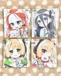 Rule 34 | 4girls, ;d, @ @, absurdres, animal ear headphones, animal ears, aris (blue archive), artist name, black hair, blonde hair, blue archive, blue eyes, blue halo, blue necktie, blush, blush stickers, bow, braid, cat ear headphones, cat ears, closed mouth, collared shirt, comiket 106, commentary request, dress shirt, fake animal ears, flying sweatdrops, forehead, game development department (blue archive), green bow, green eyes, grey eyes, hair between eyes, hair bow, halo, hand up, headphones, heart, highres, hood, hood down, hooded jacket, jacket, looking at viewer, low-tied sidelocks, midori (blue archive), momoi (blue archive), multiple girls, necktie, off shoulder, one eye closed, open clothes, open jacket, open mouth, orange halo, parted lips, photo (medium), pink halo, red bow, red eyes, red hair, shikishi, shirt, siblings, sidelocks, signature, sisters, smile, solo, sparkle, suspenders, teeth, traditional media, twins, twitter username, upper body, upper teeth only, v, wavy mouth, white jacket, white shirt, yuune (ayanepuna), yuzu (blue archive)