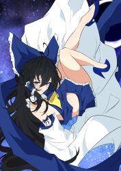 Rule 34 | 1girl, absurdres, ahoge, alternate color, arm ribbon, ascot, bare shoulders, black hair, blue eyes, blue shoes, blue theme, bow, detached sleeves, frilled bow, frilled hair tubes, frilled skirt, frills, hair between eyes, hair bow, hair tubes, hakurei reimu, high heels, highres, legs up, long hair, pumps, ribbon, ribbon-trimmed bow, ribbon-trimmed sleeves, ribbon trim, shoes, skirt, skirt set, solo, star (sky), touhou, unanooo (fthx7532), wide sleeves, yellow ascot