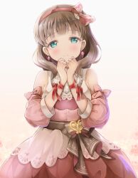 Rule 34 | 1girl, bare shoulders, blue eyes, blush, bow, bow hairband, breasts, brown bow, brown hair, clenched hands, closed mouth, cowboy shot, detached sleeves, dot nose, dress, earrings, floral background, hairband, hands up, heart-shaped ornament, highres, idolmaster, idolmaster cinderella girls, idolmaster cinderella girls starlight stage, jewelry, long sleeves, looking at viewer, medium breasts, michii yuuki, pink dress, pink sleeves, red hairband, red ribbon, ribbon, sakuma mayu, short hair, sleeveless, sleeveless dress, smile, solo, standing, waist bow, white background, wrist ribbon