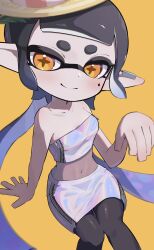 1girl bare_arms bare_shoulders black_hair black_pantyhose blue_tube_top blunt_bangs blush breasts callie_(splatoon) callie_(summer_nights)_(splatoon) closed_mouth collarbone commentary_request cross-shaped_pupils earclip food food_on_head fruit gradient_hair highres holographic_clothing inkling invisible_chair lemon lemon_slice long_hair looking_at_viewer midriff mole mole_under_eye mozu525 multicolored_hair navel nintendo object_on_head official_alternate_costume official_alternate_hairstyle orange_background orange_eyes pantyhose pencil_skirt pointy_ears purple_hair shrimp sidelocks simple_background sitting skirt smile solo splatoon_(series) splatoon_3 split_mouth strapless symbol-shaped_pupils tentacle_hair tube_top twintails two-tone_hair very_long_hair