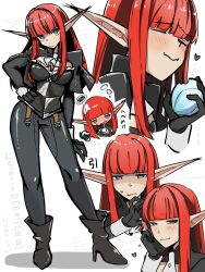 Rule 34 | 1girl, absurdres, armor, black armor, black capelet, black gloves, black pants, blue eyes, blunt bangs, blush, breastplate, capelet, closed eyes, drunk, eating, food, fruit, gloves, hand on own hip, head tilt, highres, hime cut, holding, holding food, holding fruit, hulkenberg (metaphor: refantazio), long hair, long sleeves, metaphor: refantazio, pants, pointy ears, red hair, simple background, solo, soungo (3111248), tearing up, white background