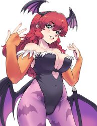 1girl black_leotard blue_eyes breasts bulge cleavage clothing_cutout commentary cosplay covered_navel darkstalkers demon_wings eyebrows_hidden_by_hair freckles futanari hair_between_eyes heart_cutout highres kerrigan_(thescarletone) large_breasts leotard light_blush lips long_hair looking_at_viewer low_wings morrigan_aensland morrigan_aensland_(cosplay) open_mouth orange_sleeves pantyhose purple_pantyhose red_hair simple_background smile solo teeth thescarletone white_background wings