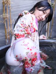 Rule 34 | 1girl, asian, ass, black hair, japanese clothes, kimono, kurumi nina, long hair, looking back, partially submerged, photo (medium), smile, water, wet, wet kimono