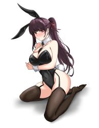 1girl absurdres alternate_costume animal_ear_hairband animal_ears asymmetrical_hair bare_shoulders between_breasts black_leotard black_necktie black_thighhighs blush breasts choebal1356201 closed_mouth collar collarbone commentary detached_collar english_commentary fake_animal_ears fake_tail full_body garter_straps girls&#039;_frontline girls&#039;_frontline_2:_exilium hair_ribbon hairband highres large_breasts leotard long_hair looking_at_viewer makiatto_(girls&#039;_frontline_2) necktie necktie_between_breasts no_shoes playboy_bunny ponytail purple_hair rabbit_ears rabbit_tail red_eyes red_ribbon ribbon simple_background sitting solo tail thighhighs wa2000_(girls&#039;_frontline) white_background white_collar white_wrist_cuffs wrist_cuffs