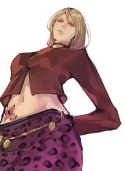 1girl animal_print arms_behind_back belly_chain blonde_hair blue_eyes breasts butterfly_tattoo closed_mouth crop_top from_below hair_between_eyes highres jewelry kurorium leopard_print light_smile long_sleeves looking_at_viewer maria_(silent_hill) medium_breasts midriff navel pendant_choker print_skirt purple_skirt red_shirt shirt silent_hill_(series) silent_hill_2 skirt solo stomach_tattoo tattoo upper_body white_background