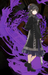 Rule 34 | 1girl, absurdres, ankle boots, ascot, black background, black boots, black capelet, black dress, black hair, blue flower, blue rose, blunt bangs, blurry, blurry background, boots, breasts, capelet, closed mouth, commentary request, dress, flower, from side, full body, green eyes, half updo, heel up, highres, holding, holding sword, holding weapon, lace-up boots, lily (tsukiyo joou ni warae), long hair, long sleeves, looking at viewer, looking to the side, low block heels, medium breasts, purple ascot, purple background, rose, sleeves past wrists, solo, standing, sword, tsukiyo joou ni warae, urutsu sahari, weapon, wide sleeves, yellow flower, yellow rose