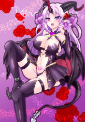 1girl :d bare_shoulders black_thighhighs blood blood_splatter blush breasts bridal_gauntlets cleavage corruption dark_persona demon_girl demon_horns demon_tail demon_wings flower hair_flower hair_ornament heart heart_tattoo horns kouyoku_senki_exs-tia large_breasts long_hair looking_at_viewer luxtia navel open_mouth pointy_ears pubic_tattoo purple_background purple_eyes purple_hair red_flower revealing_clothes rose saigayura showgirl_skirt single_horn sitting smile solo tail tattoo thigh_strap thighhighs wings
